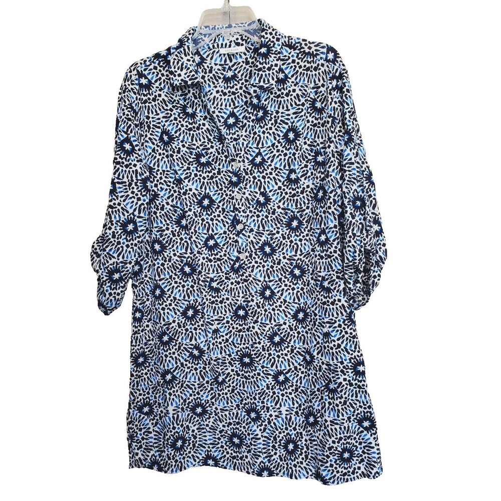Talbots Geo Print Cotton Roll-Tab Sleeve Henley Neck Swimsuit Cover-Up Size MED